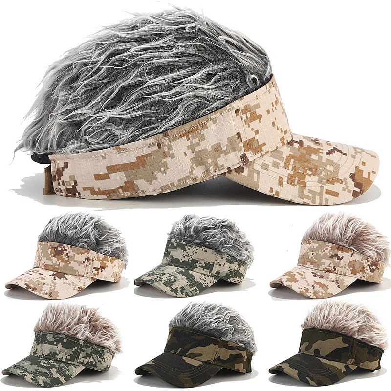Funny Hats Unisex Wig Camouflage Caps Men Fake Hair Visors Casual Outdoor Golf Cap Wig Baseball Caps for Women Visor Hat