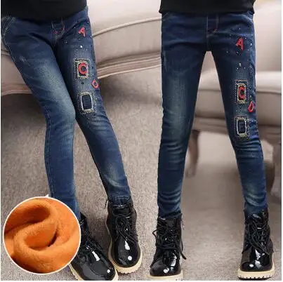 F628 fleece jeans Коллекция года, зимняя детская одежда джинсы для девочек повседневные узкие джинсы из плотного флиса для маленьких девочек, джинсы для крупных детей, длинные штаны - Цвет: F628 fleece jeans