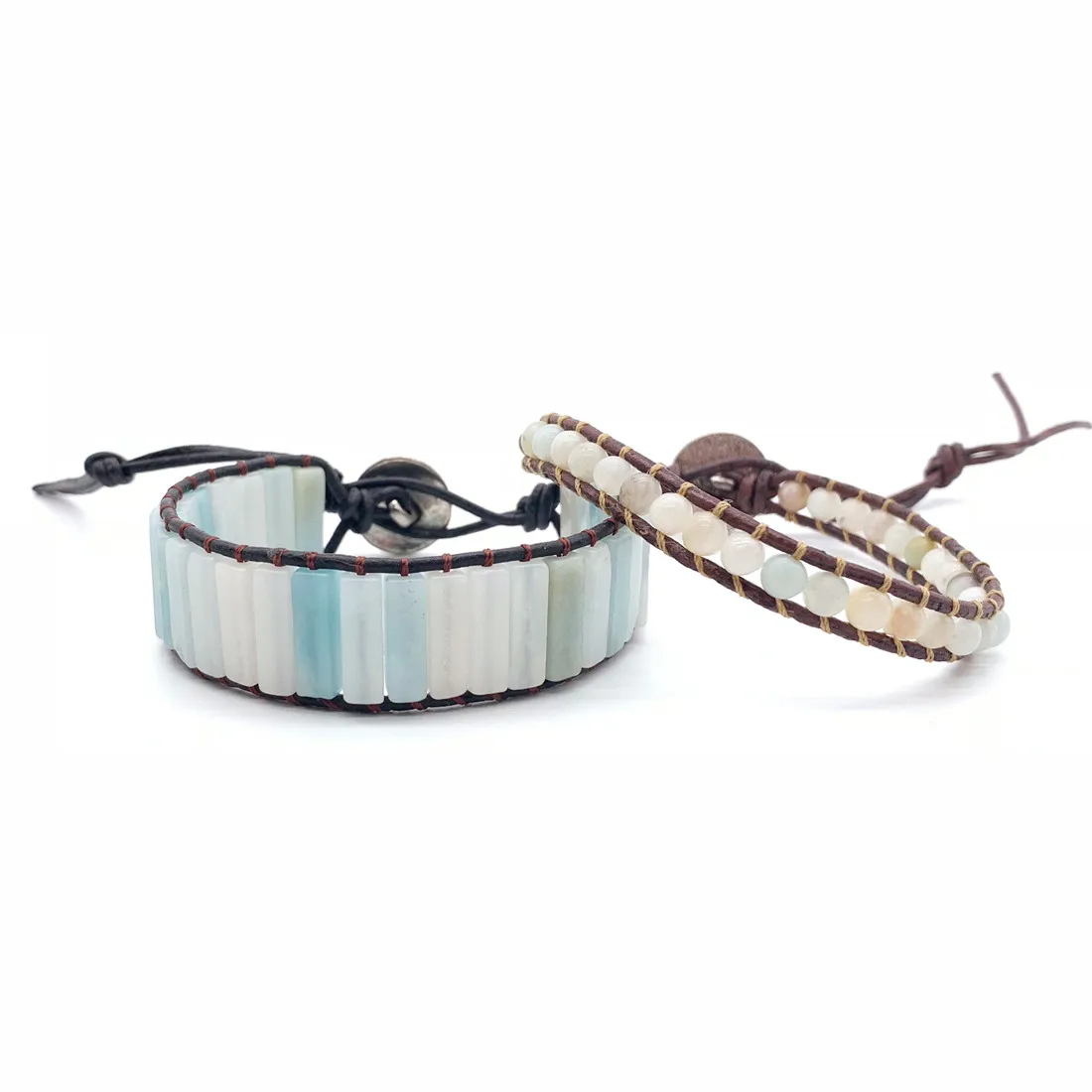 

Bohemia Bracelet Amazonite Single Vintage Leather Wrap Bracelet Semi Precious Stone Beaded Cuff Bracelet Drop shipping