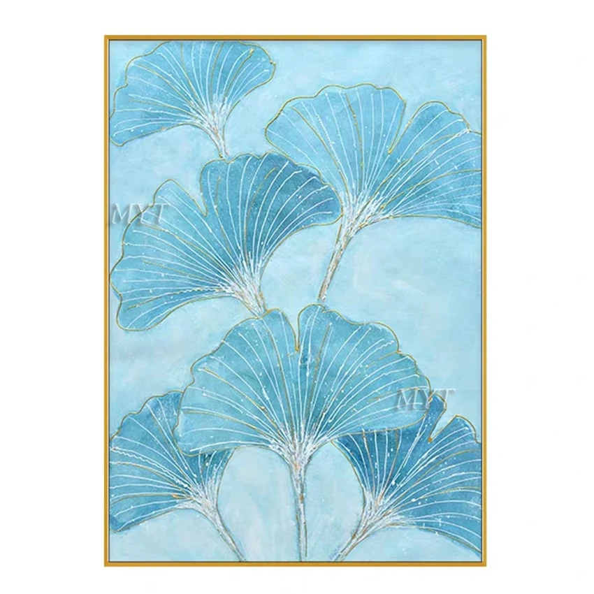 

Blue Maple Leaf Abstract Handmade Oil Painting Modern Wall Art Living Room No Frame Picture Home Decoration Painting No Framed