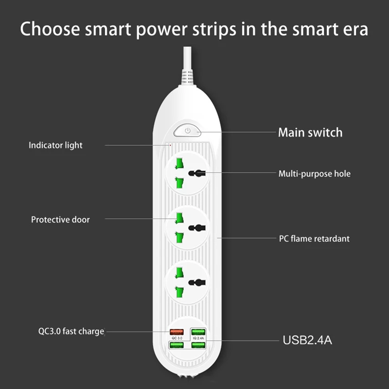 Power Strip with 3 Outlets 4 USB QC3.0 18W Ports 3000W 16A 6.5 Feet Extension Cord Surge Protector | Электроника