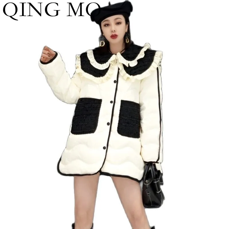 

QING MO 2021 Winter New Duck Down Filled Warm Down Jacket Women Fashion Pocket Stitching Casual Single-breasted Jacket ZWL2015