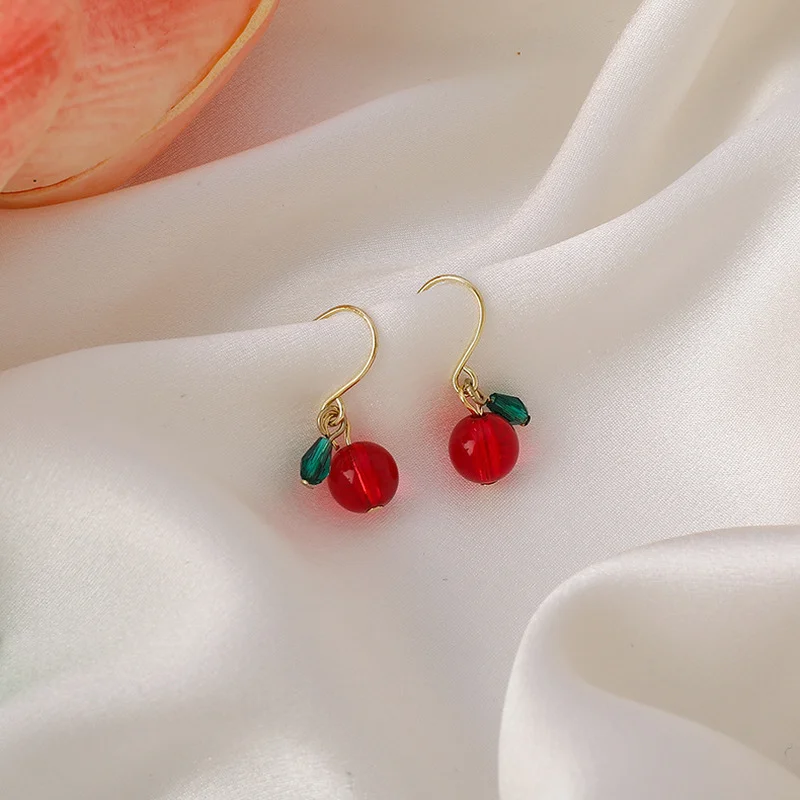 

Origin Summer Temperament Cute Handmade Beaded Cherry Hook Earring for Women Vintage Round Resin Sweet Dangle Earring Jewelry