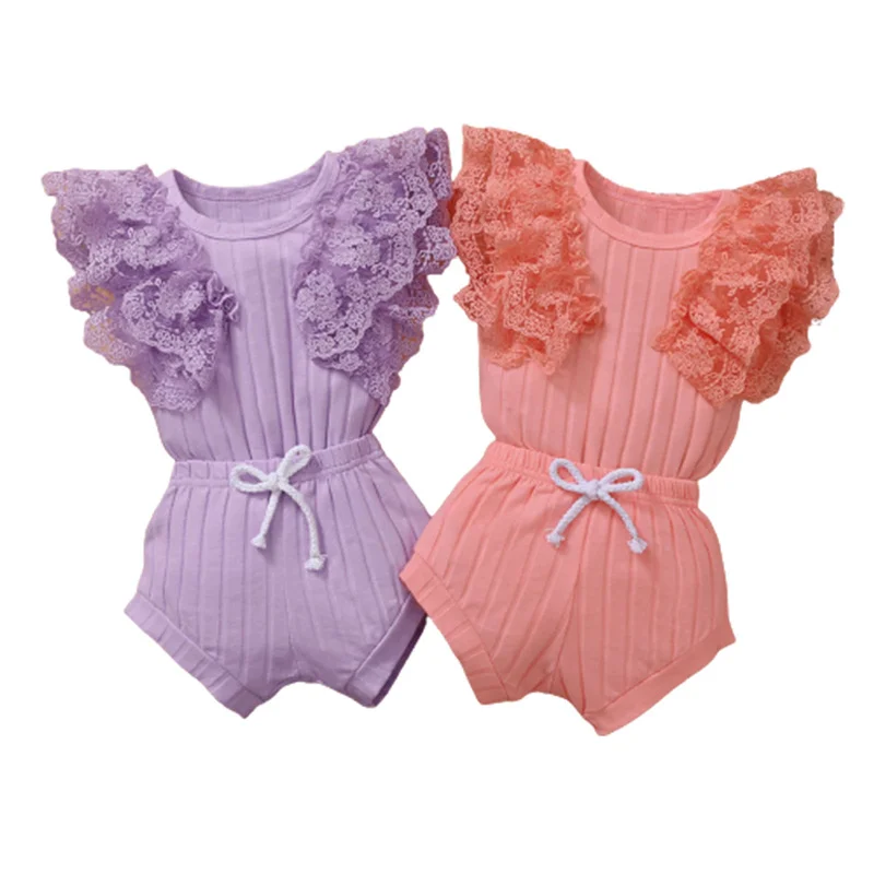

2pcs 0-18 Months Baby Girls Summer Cotton Clothes Sets,Casual Lace Stitching Fly Sleeve Romper and Solid Color Triangle Shorts