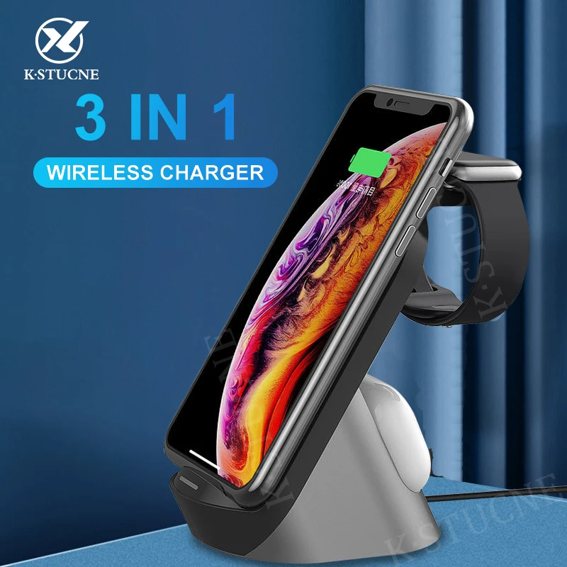 Беспроводное зарядное устройство KSTUCNE 15 Вт 3 в 1 Qi подставка для iPhone 12 11 Samsung Buds Apple