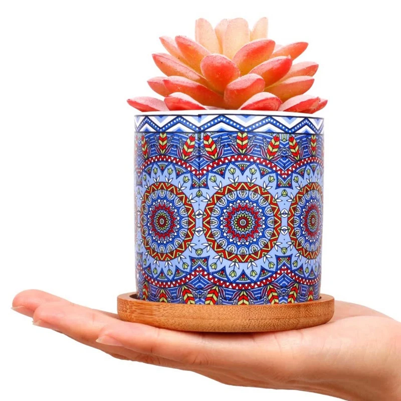 

4 Pcs 2.8 Inches Ceramic Succulent Planters with Bamboo Trays for Windowsill and Office Table Home Decor