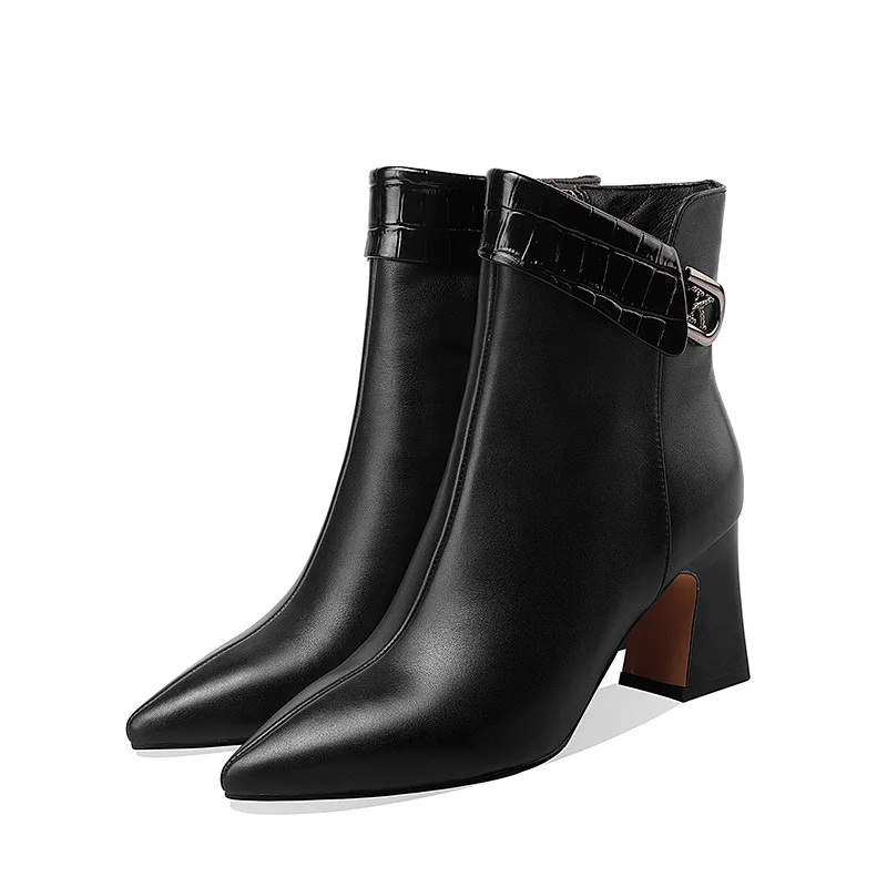 

New Winter Women Boots Pointed Toe Square Heels Comfortable Warm Casual Natural Leather Booties Woman 2020 Botas De Mujer