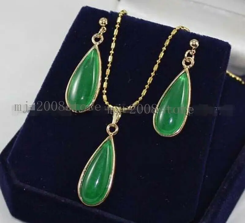 

Hand Inlay Natural Green Jade Necklace Pendant earrings Set AAA Top Grade