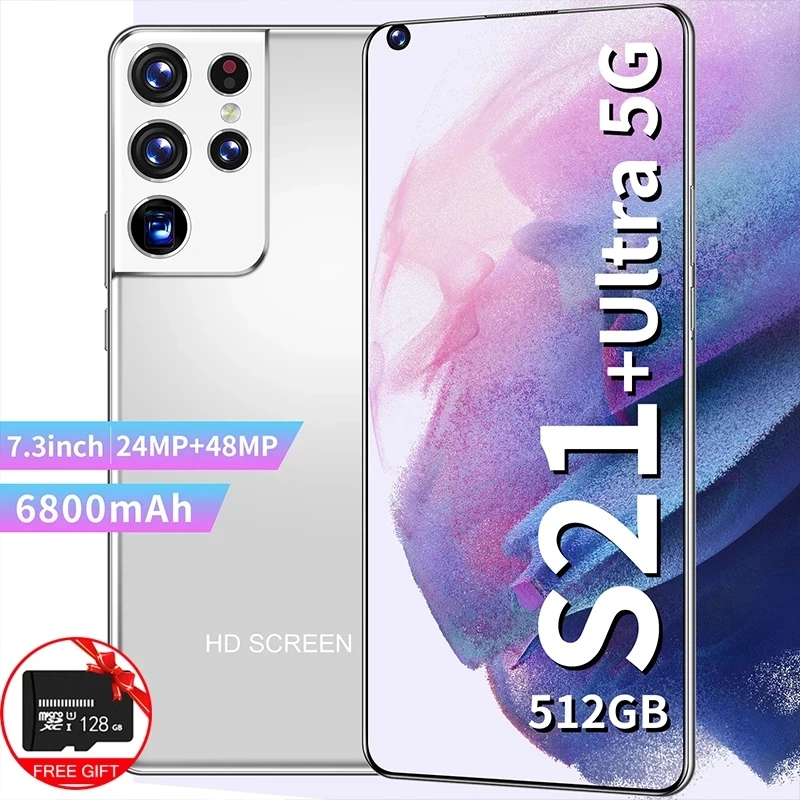 

Global version S21 Ultra mobile phones 12GB+512GB 7.3 inch smartphones Dual SIM telephone 6800mAh cellphones 24+48MP Phones