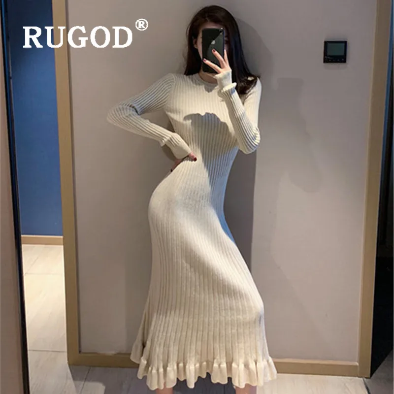 RUGOD 2019 Новое Осеннее однотонное теплое вязаное платье с круглым вырезом