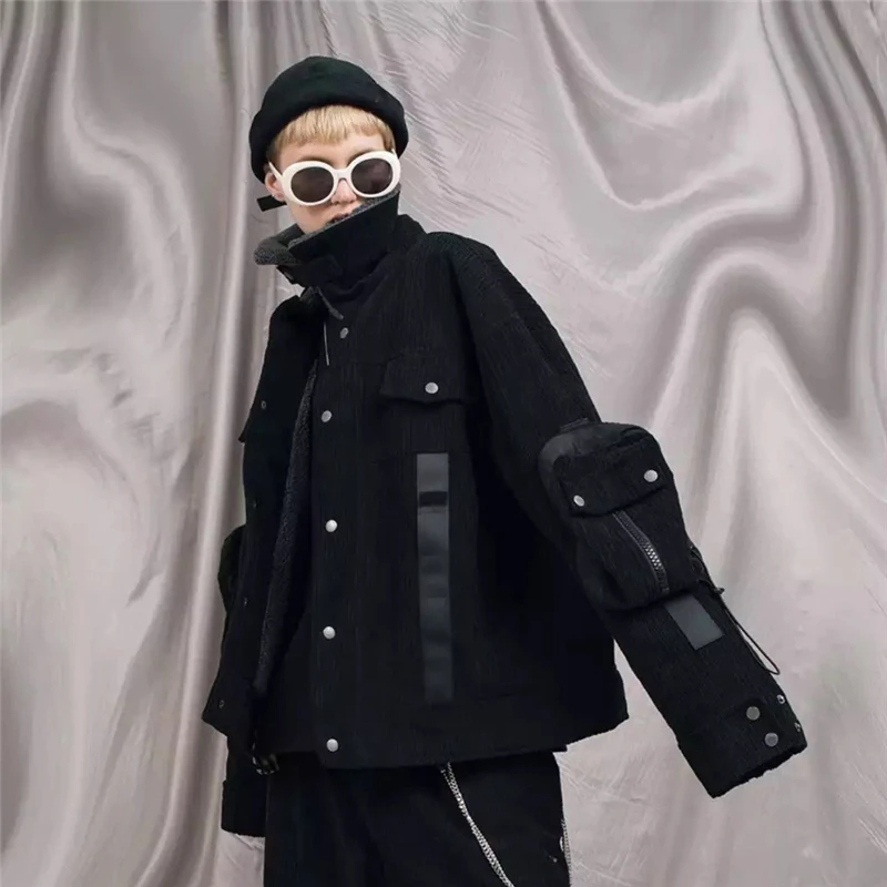 Зимняя куртка мужская Techwear черные толстые теплые куртки пальто с меховой отделкой