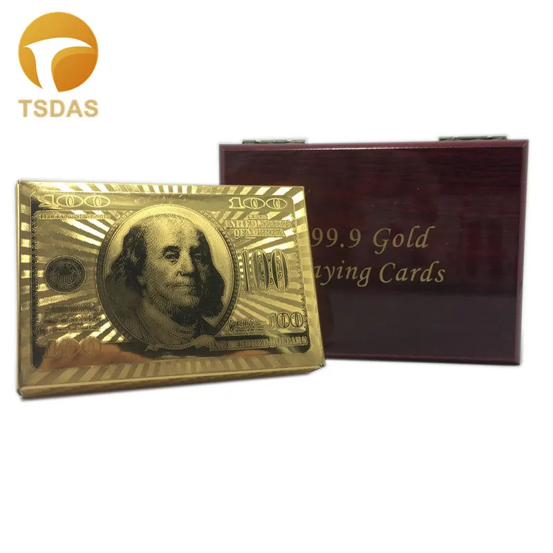 Wholesale Gold Plated 100 Dollar Custom Playing Cards 999.9 Foil With Wooden Box Souvenir | Дом и сад