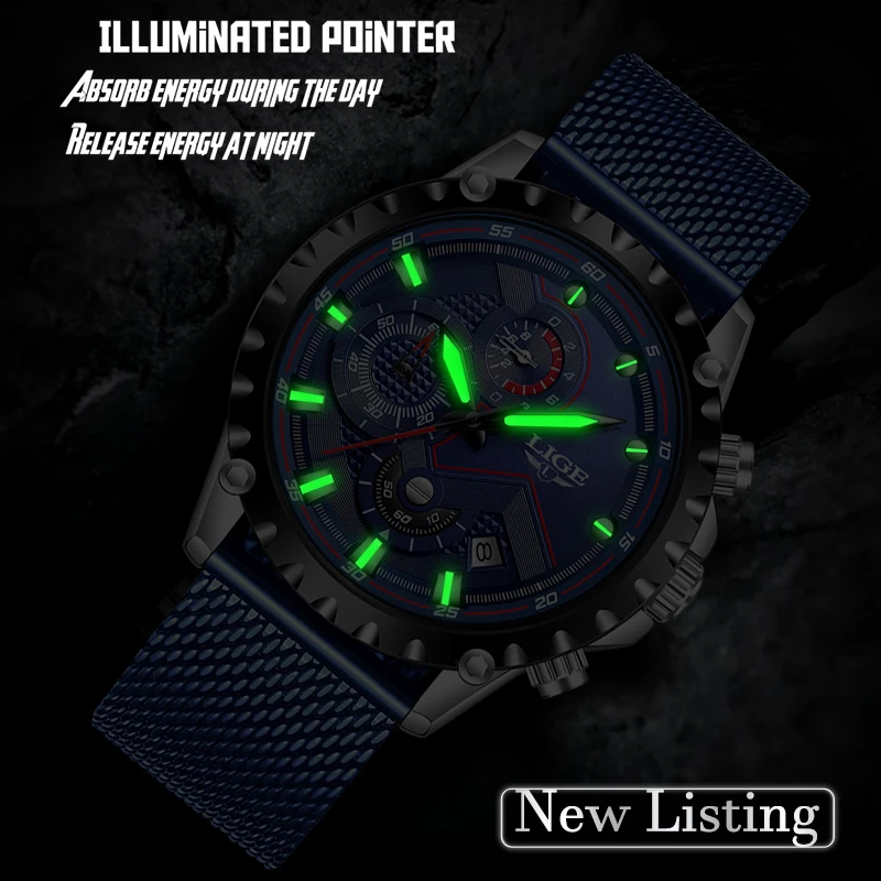 Часы наручные LIGE Мужские кварцевые брендовые Роскошные водонепроницаемые