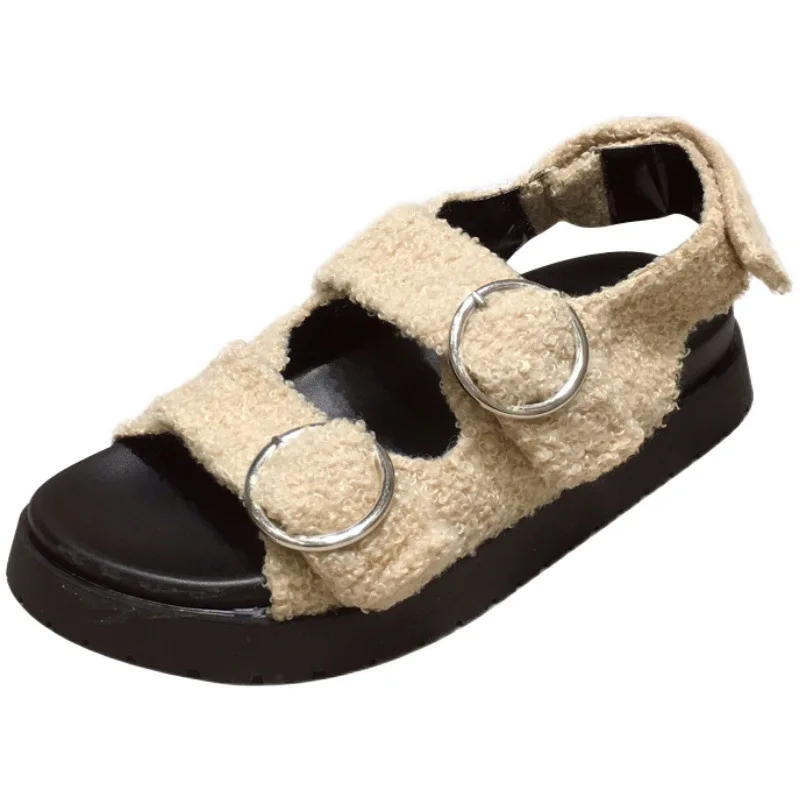 

Female Sandal Black Shoes for Women Large Size Girls Beige Spring Comfort Low Flat Fashion 2021 Big PU Rome Basic Fretwork Heels