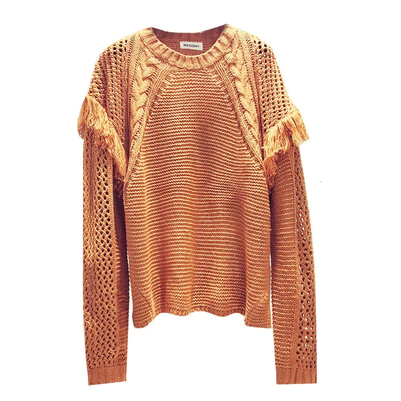 [EWQ] для отдыха Vogue круглый вырез длинный рукав кисточка Женский однотонный