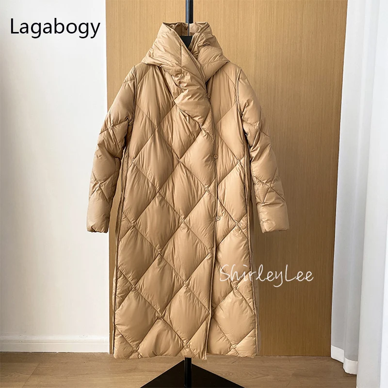 Lagabogy 2021 Winter Women Jacket Long Parkas 90% White Duck Down Coats Female Hooded Warm Puffer Overcoat Ultra Light Outwear