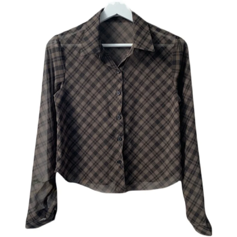 

2021 Summer New Design Sense Plaid Long Sleeve Square Collar Shirt Fashion Casual Top Women