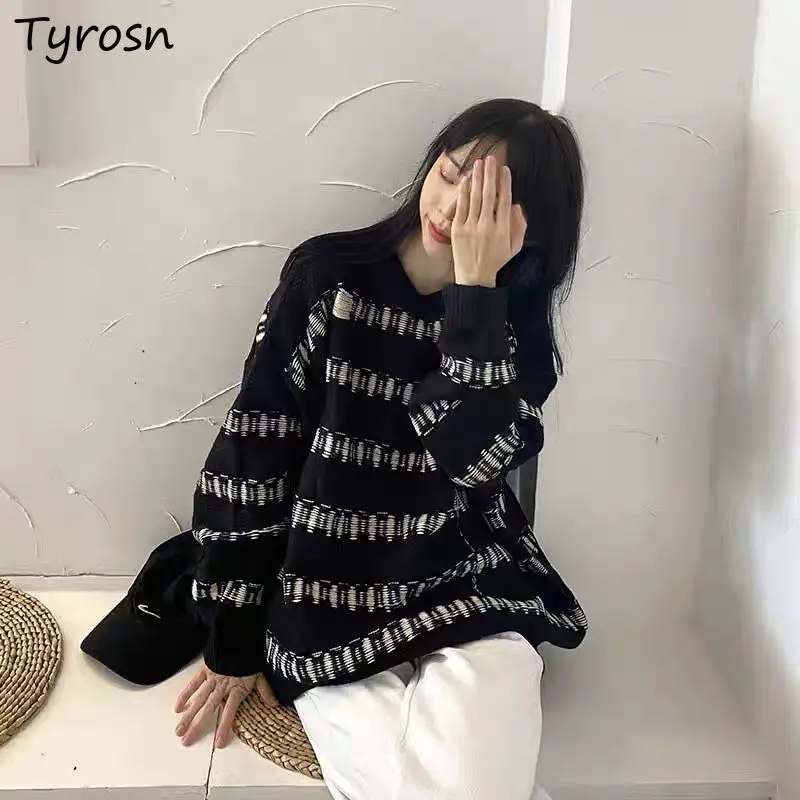 

Women Striped Spring Autumn Pullovers Knitwear Korean Style Casual All Match Loose Vintage Unisex Black Blue Fashion Ulzzang New