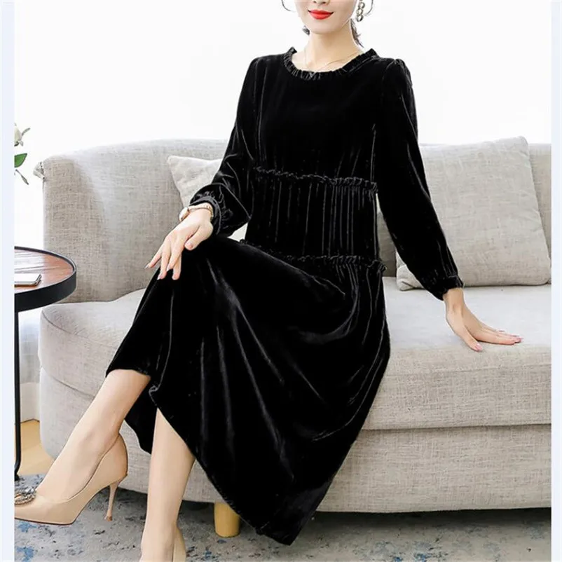 

Vintage Velvet Women Autumn Dress Three Quarter Sleeves Ruffles Winter Midi Dress Vestidos Green Blue