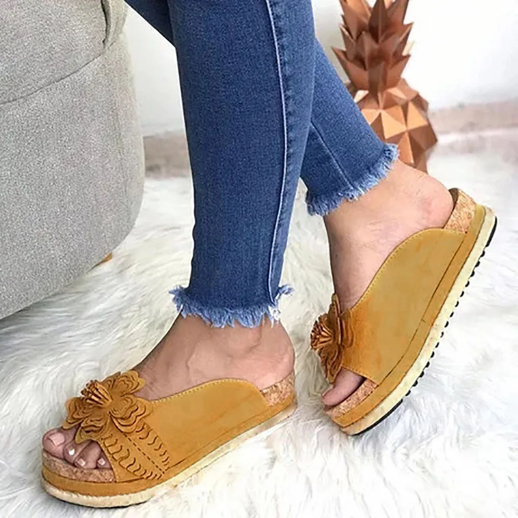 

Women Fashion High Heels Thick Platforms Casual Shoes ladies Slippers summer Non-slip lightweight Slides Flowers Slide on