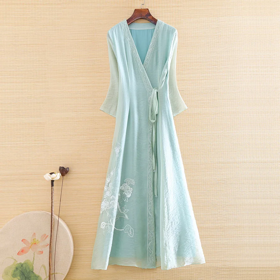

Высококачественное весеннее женское ретро платье Hanfu в китайском стиле с цветочной вышивкой и рукавом 3/4, тонкое элегантное женское вечерне...
