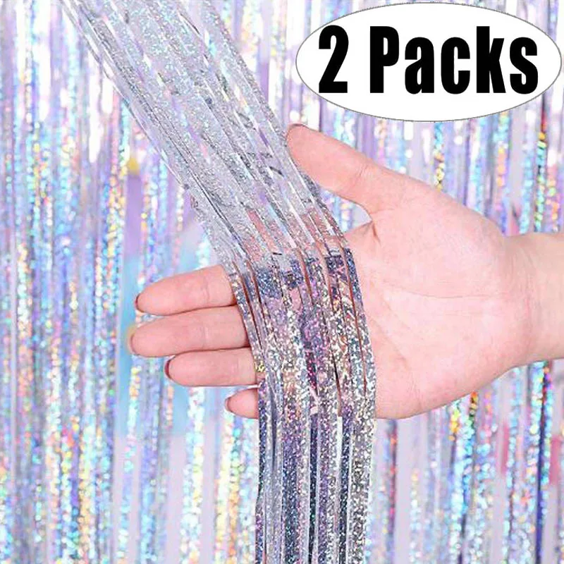 

2Pack 2m Silver Metallic Foil Tinsel Fringe Curtain Birthday Wedding Bachelorette Party Decoration Valentines Day Backdrop