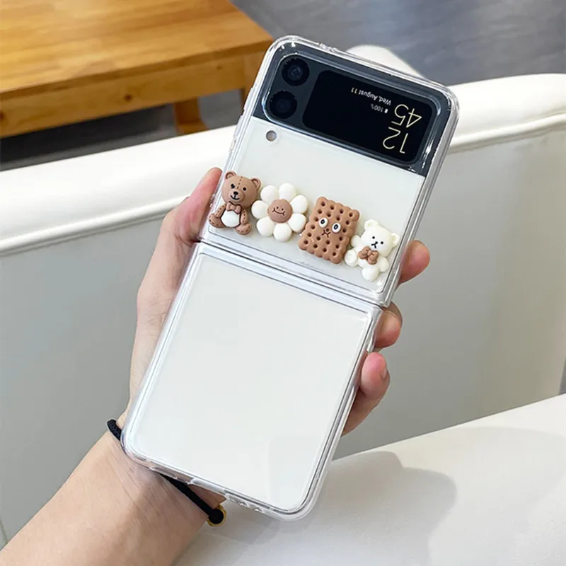 korea cartoon bear phone cases for samsung galaxy z flip3 5g f7110 transparent portable shell for galaxy zflip3 zflip 4g 5g etui free global shipping