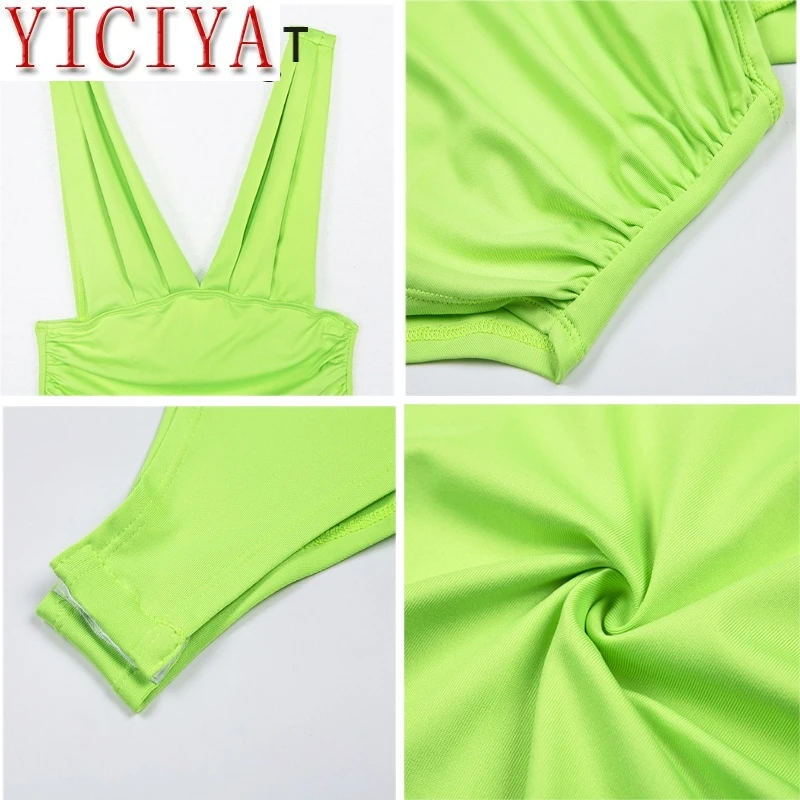 

YICIYA 2020 Summer Autumn Neon Color Ruched Bodysuit Women Sexy Deep V Neck Backless Jumpsuit Women Skinny Fluorescence Rompers