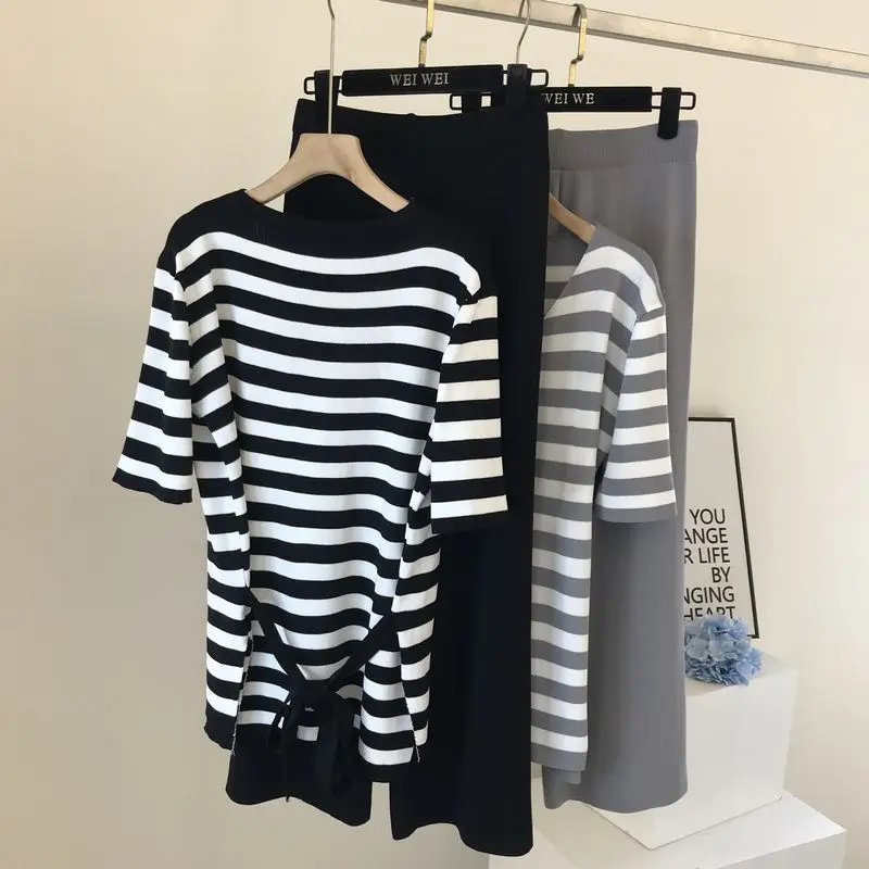 Женский полосатый вязаный свитер ALPHALMODA свободный с широкими штанинами комплект