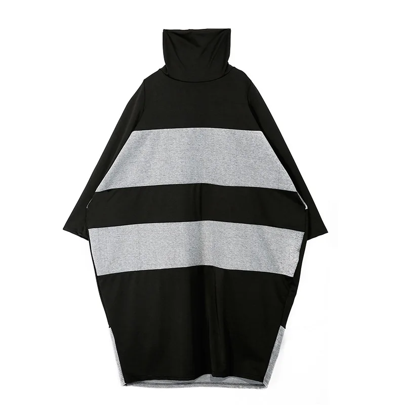 

2020 Winter New High Collar Pullover Contrast Dress Dark Personalized Large Size Long Dresses For Women Loose Clothing Female