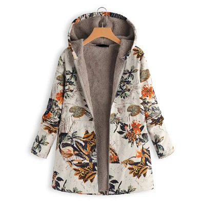 

Windbreaker Leather Jacket Female Autumn Casual Floral Print Warm Coat Vintage Oversized Pocket Women Outwear Long Jackets