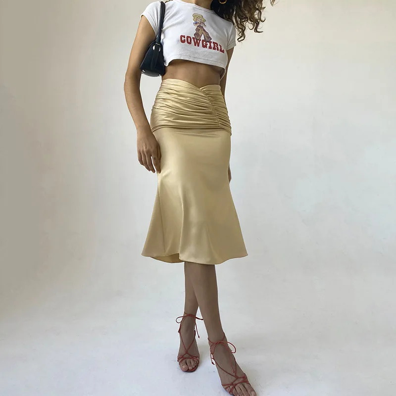 

2021 Women New Ruched Solid High Waist ApricotSkirt Ruffles Straight Skirt Women Spring New Elegant Streetwear Party Outfits