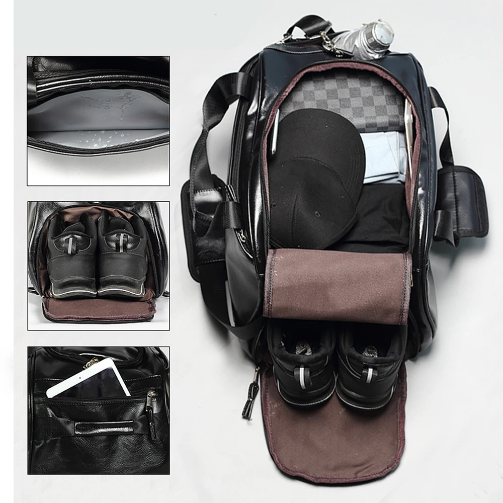 PU Leather Travel Bag Men Gym Backpack Large Capacity Tote Luggage Handbag Sports Training Fitness Shoulder Bags X164D