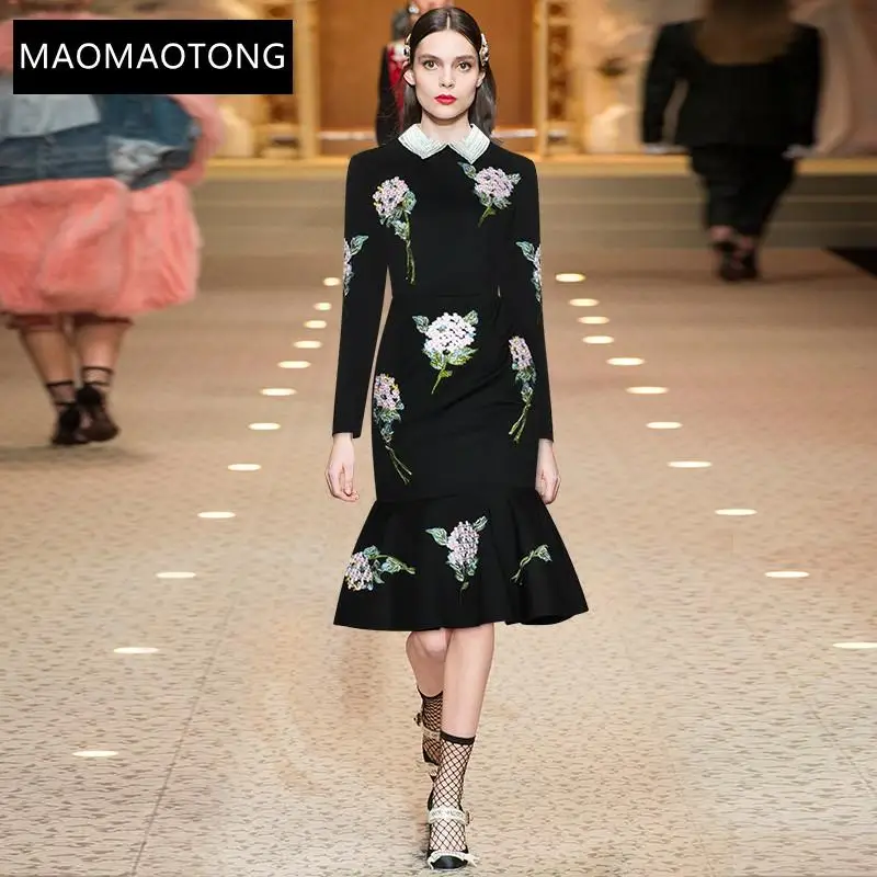 

Autumn Women Dress Beaded Turn-down Collar Rose Embroidery Hot Drilling Black Slim Package Hip Elegant Mermaid Dresses