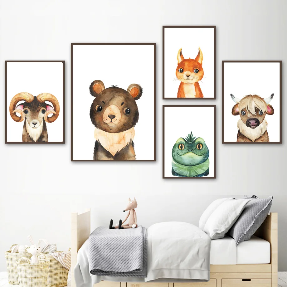 Медведь белка Коза кошка ящерица Як детская настенная живопись холст постеры и