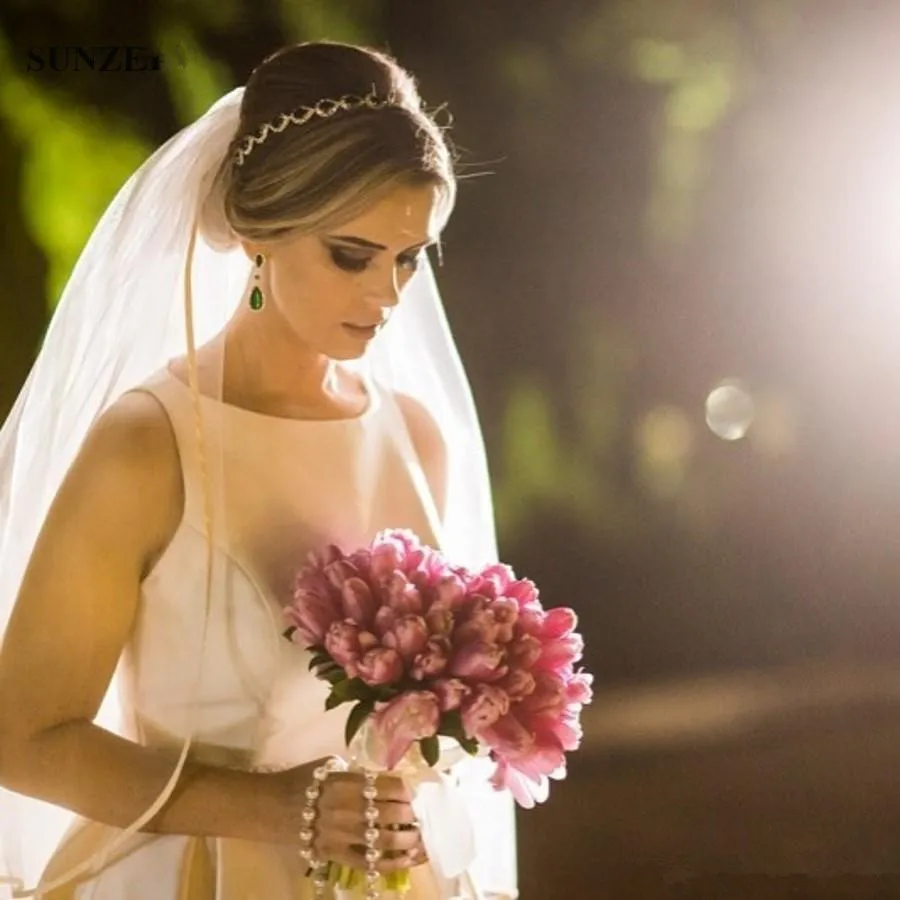 

Vestido De Casamento Simple Elegant Long Satin Wedding Dress A Line Tank Sleeveless Floor Length Bridal Gowns With Pearls Beaded