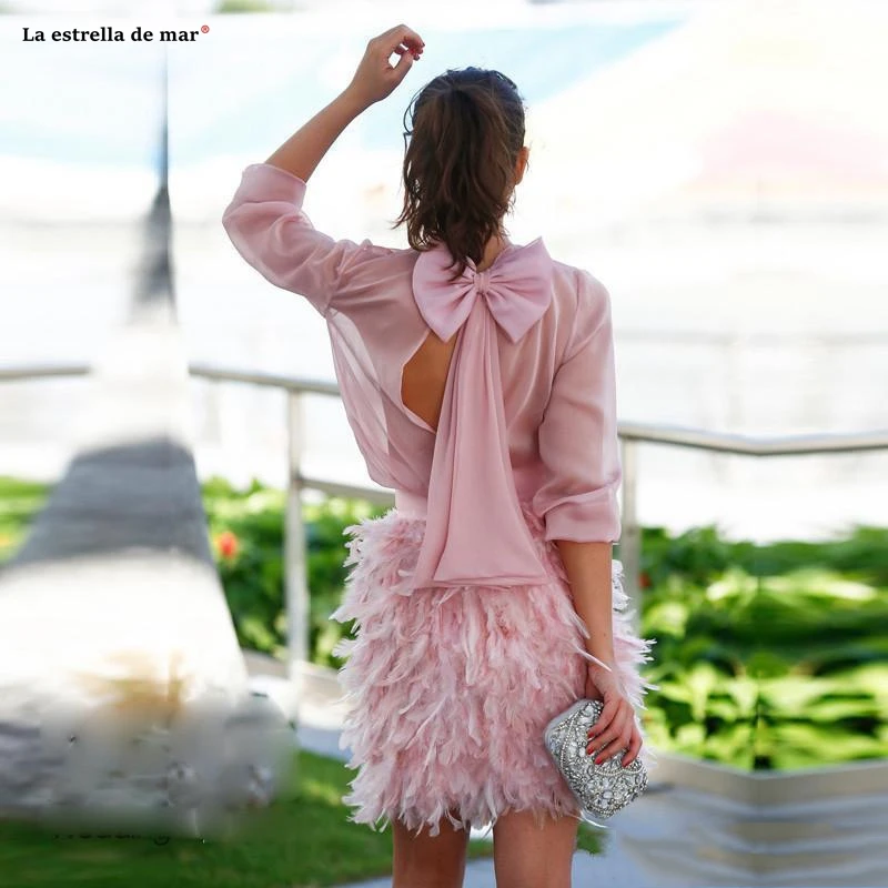 

dusty pink cocktail dress new O neck chiffon long sleeve bow feather A Line vestidos de noite short prom gown coctail jurk