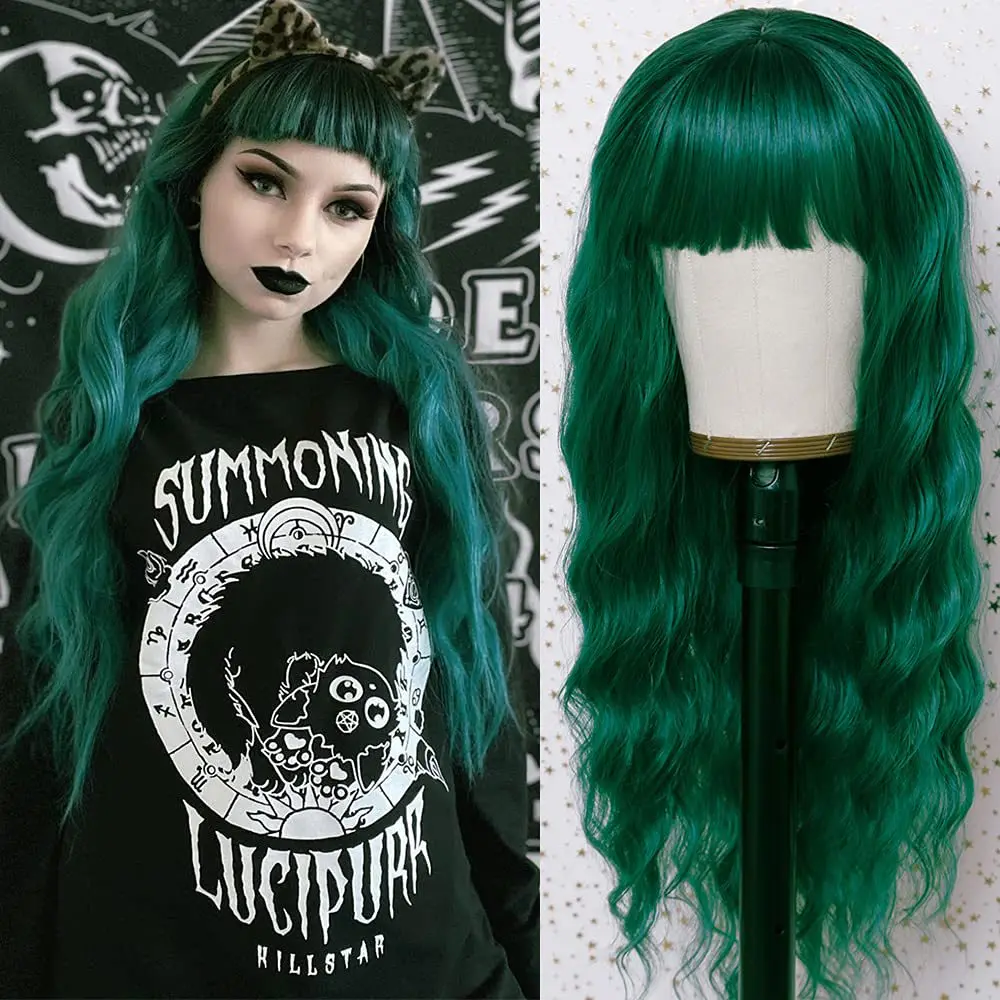 FGY Green Long Wavy Bangs Loose Curly Hair Wig 26 Inches Natural Heat-Resistant Synthetic Fiber Ladies Cosplay Daily Wear Wig