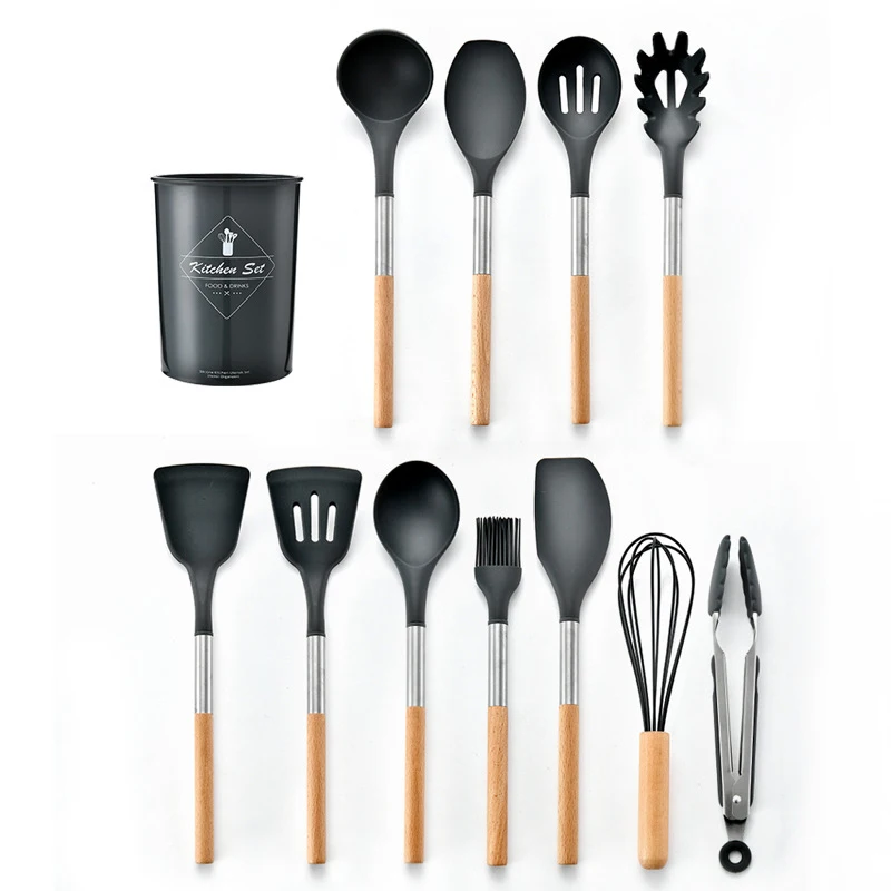 12 Pieces Cooking Tools Set Silicone+Wood Handle Kitchen Cooking Utensils Set with Storage Box Turner Tongs Spatula Soup Spoon
