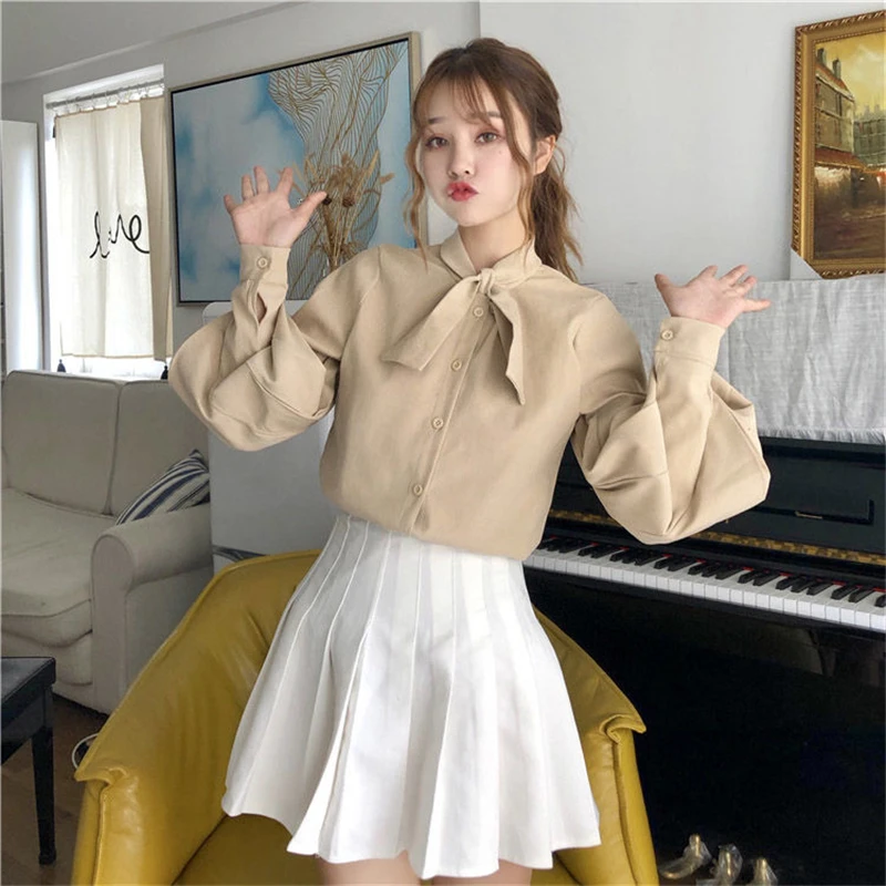 Women Lolita Blouses Girls Autumn Long Sleeve Peter Pan Collar Pink Bowknot White Blouse Shirt Japanese School Top Womens Tops