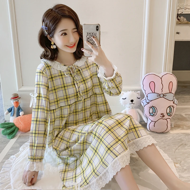 Женская хлопковая Ночная рубашка в клетку Повседневная Удобная ночная с длинным