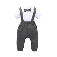 summer kids toddler baby boys round neck short sleeves bodysuit suspender pants bow tie decoration gentleman style clothing
