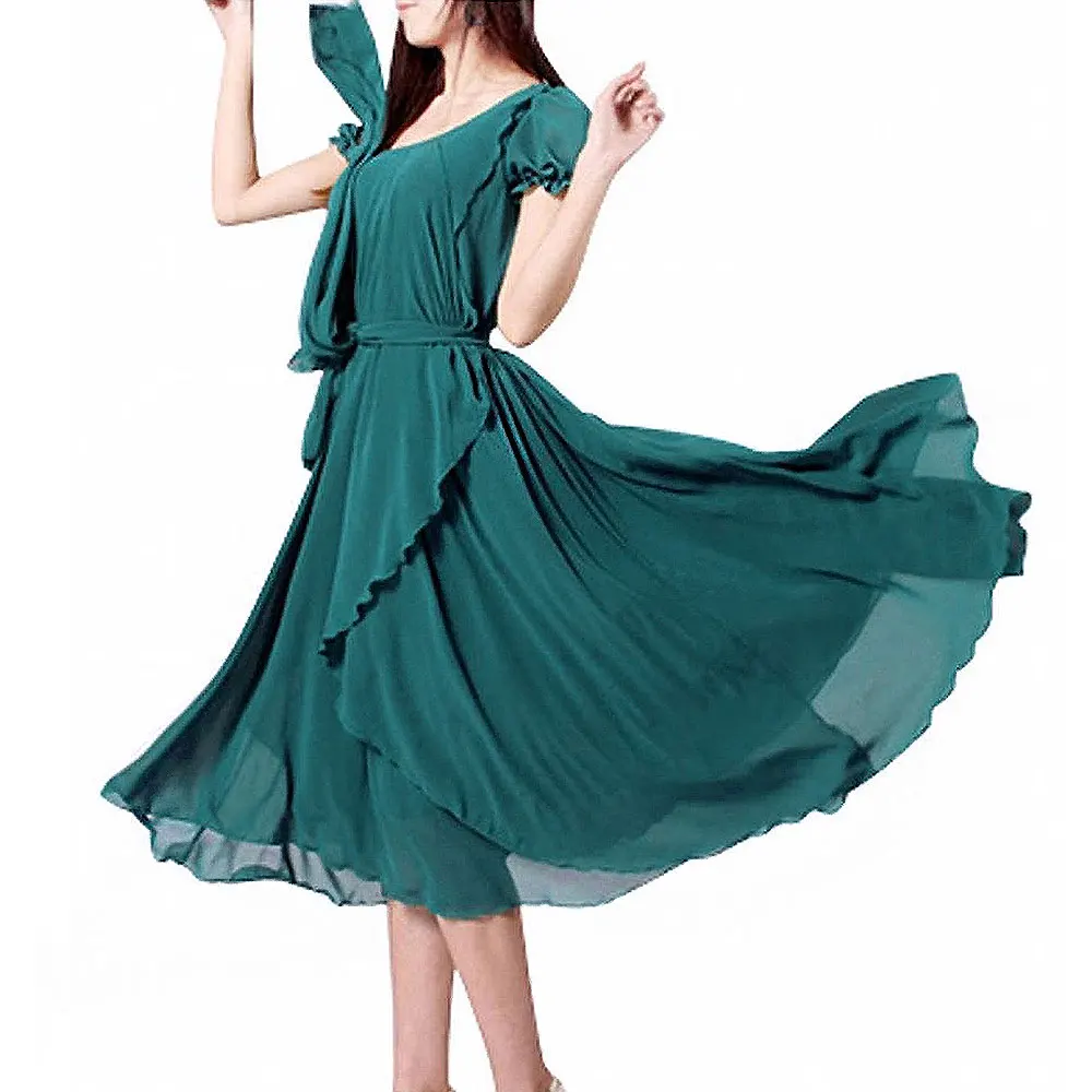 Женское летнее длинное платье с поясом однотонное женское круглым вырезом