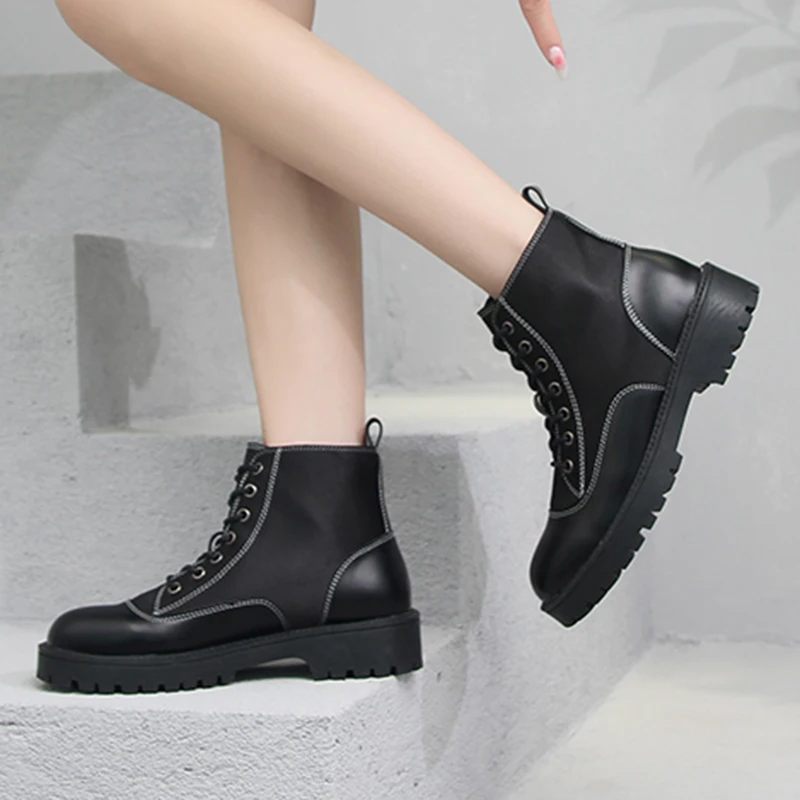 

MIYEDA Platform Boots Women Ankle Autumn Mixed Color Lace Up Motorcycle Boot Woman 2021 Thick Heels Booties Ladies Chelsea Shoes