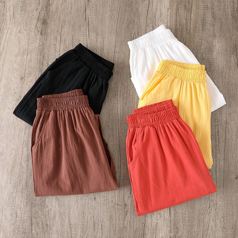 

Cotton Linen Pants Women Spring Summer Large Size Solid Color Harem Pants Elastic Waist Loose Casual Woman's Linen Trousers