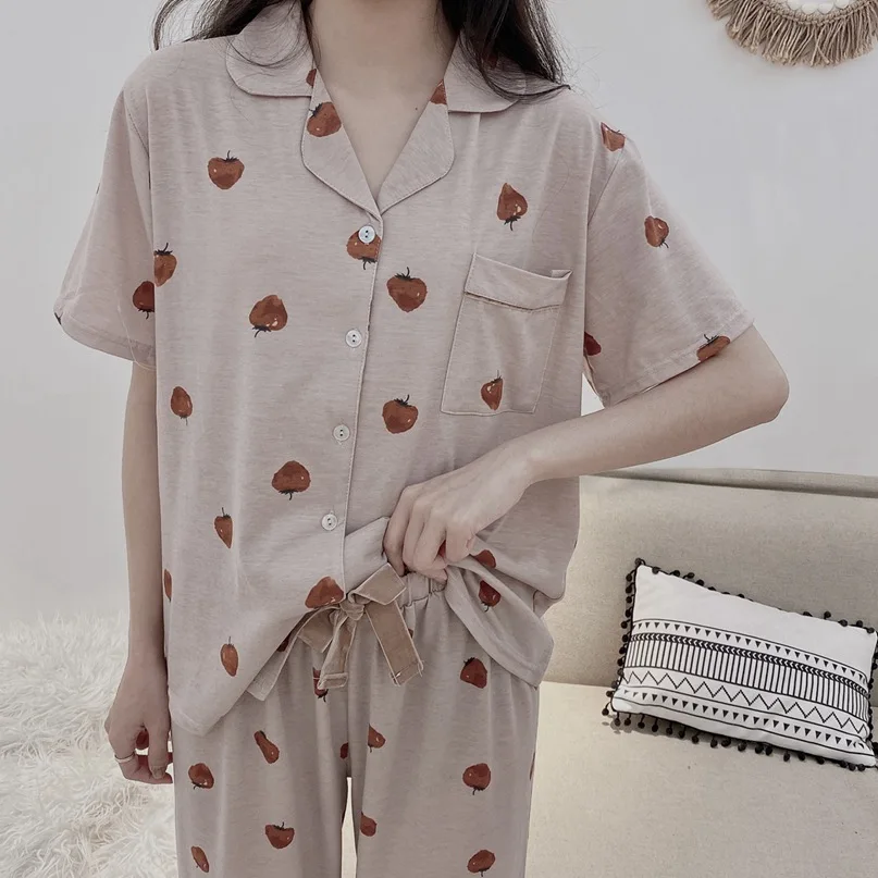 

Silka Surplus Spring New Style Strawberry Print Pajama Set Summer Short-sleeved Sleepwear Trousers Cotton Cardigan Home Suit