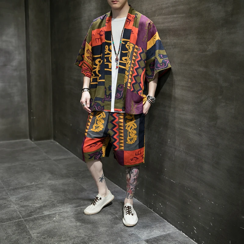 

Ethnic Style Printed Men Sets Casual Japanese Streetwear Half Sleeve Outerwear Tops Loose Shorts Vintage Men 2 Pieces Sets 5XL