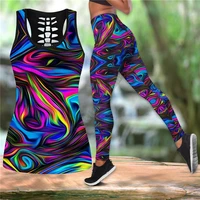 loving hippie color combo outfit leggings and hollow out tank top suit yoga fitness soft legging summer women for girl