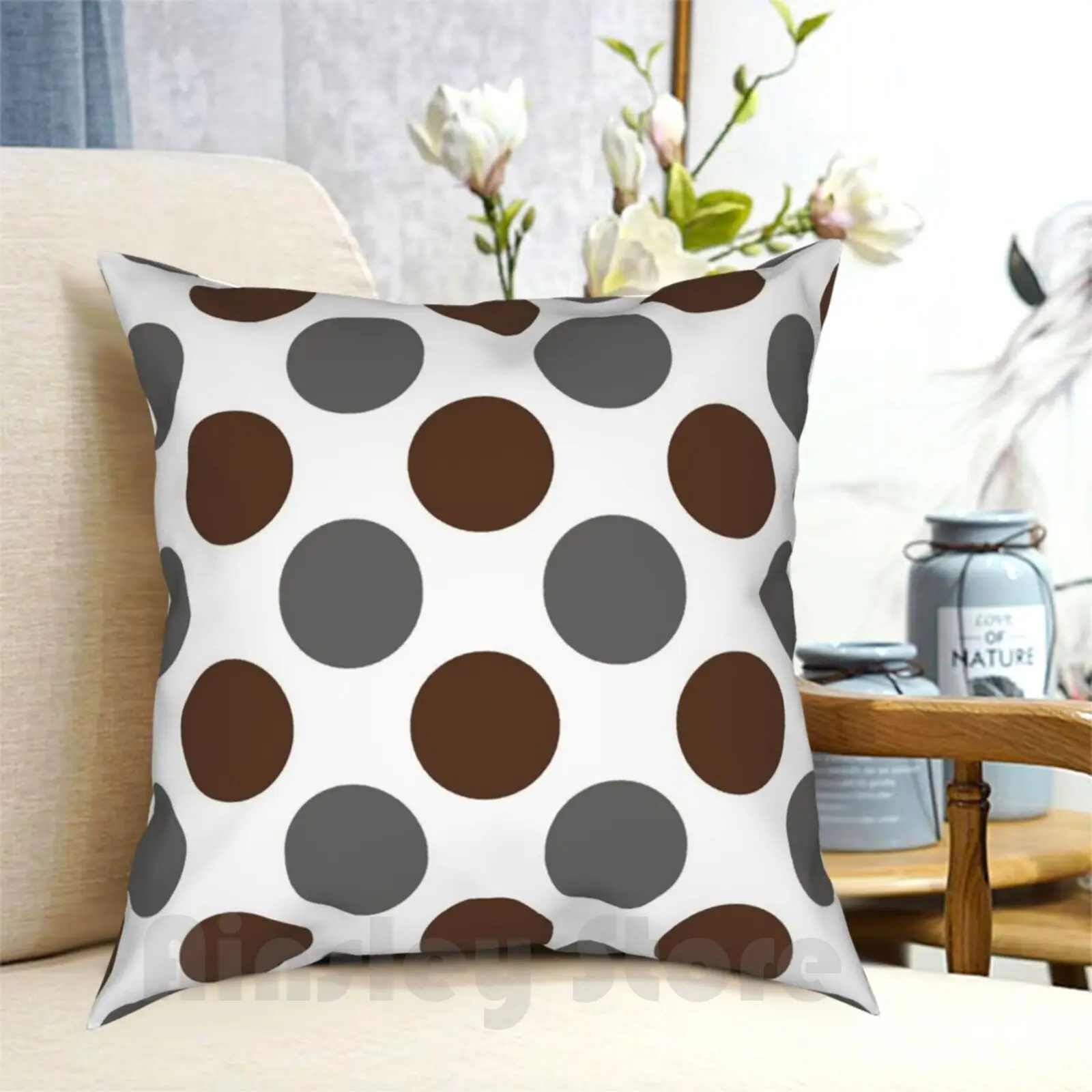 

Grey-Brown Polka Dots Large On White Pillow Case Printed Home Soft Throw Pillow Polka Dot Polkadot Polka Dots Dots Spots