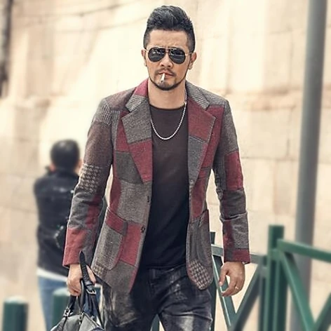 Мужской Клетчатый костюм в стиле ретро повседневный приталенный Серый блейзер